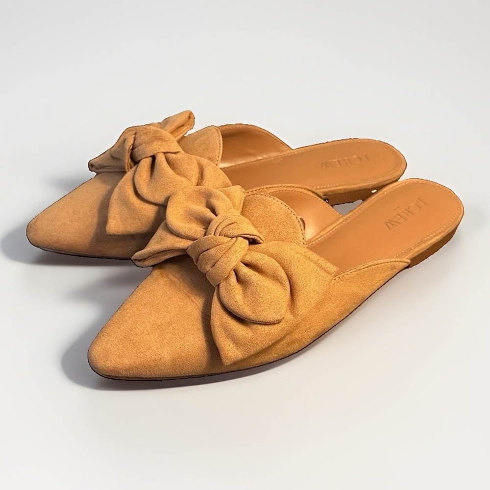 J Crew Womens Shoes Brown 8 Faux Suede Slide Mules Bow Pointed Toe Casual Office